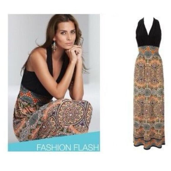 Maggy L Size 8 Tribal Print Maxi Dress Colorblock Black Blue Orange Mandala - Picture 1 of 11